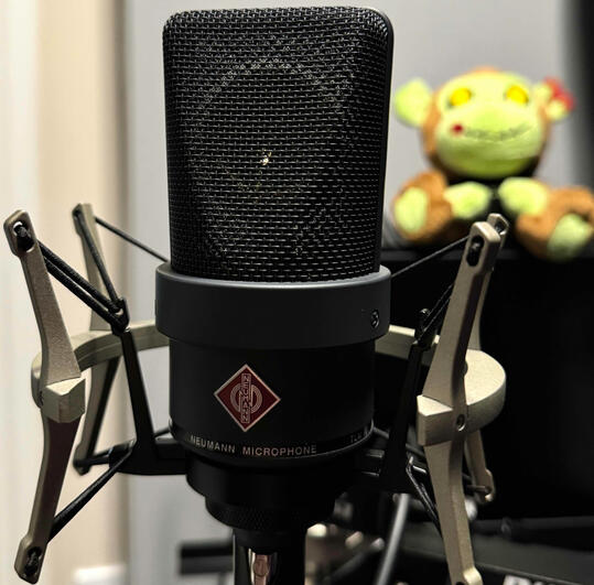 Neumann TLM 103 condenser microphone used by professional voice actor Josh Smith in his recording studio.