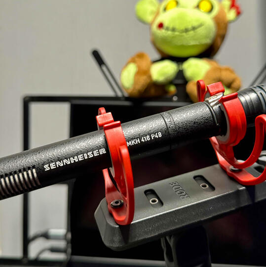 Sennheiser MKH 416 condenser microphone used by professional voice actor Josh Smith in his recording studio.